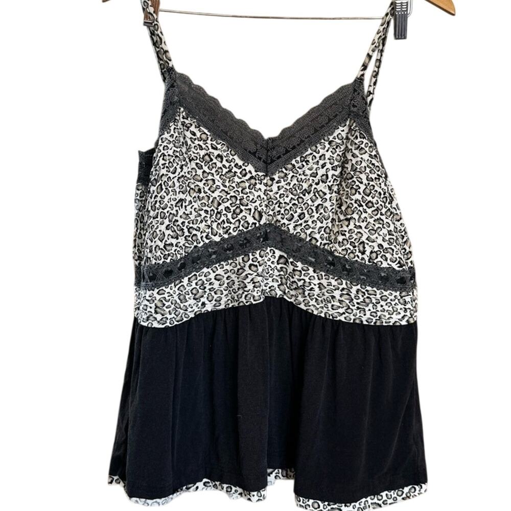 POL Leopard Print Lace Trim Babydoll Tank Top Small Black Gray Boutique